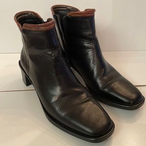 Cole Haan, size 8, black leather boots with brown leather ankle trim